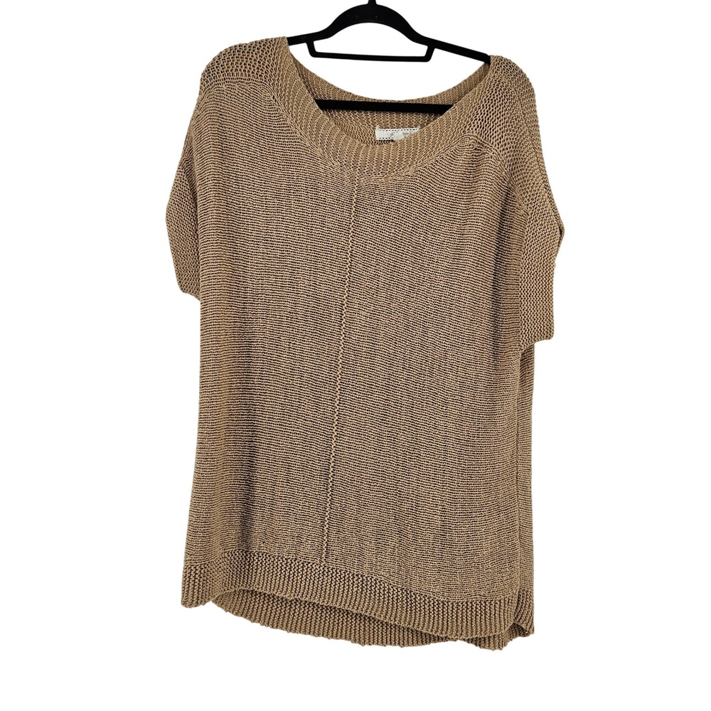 Earthy Tan Knit Short Sleeve Sweater Top Relaxed Fit XL Euro Chic‎ Minimalist